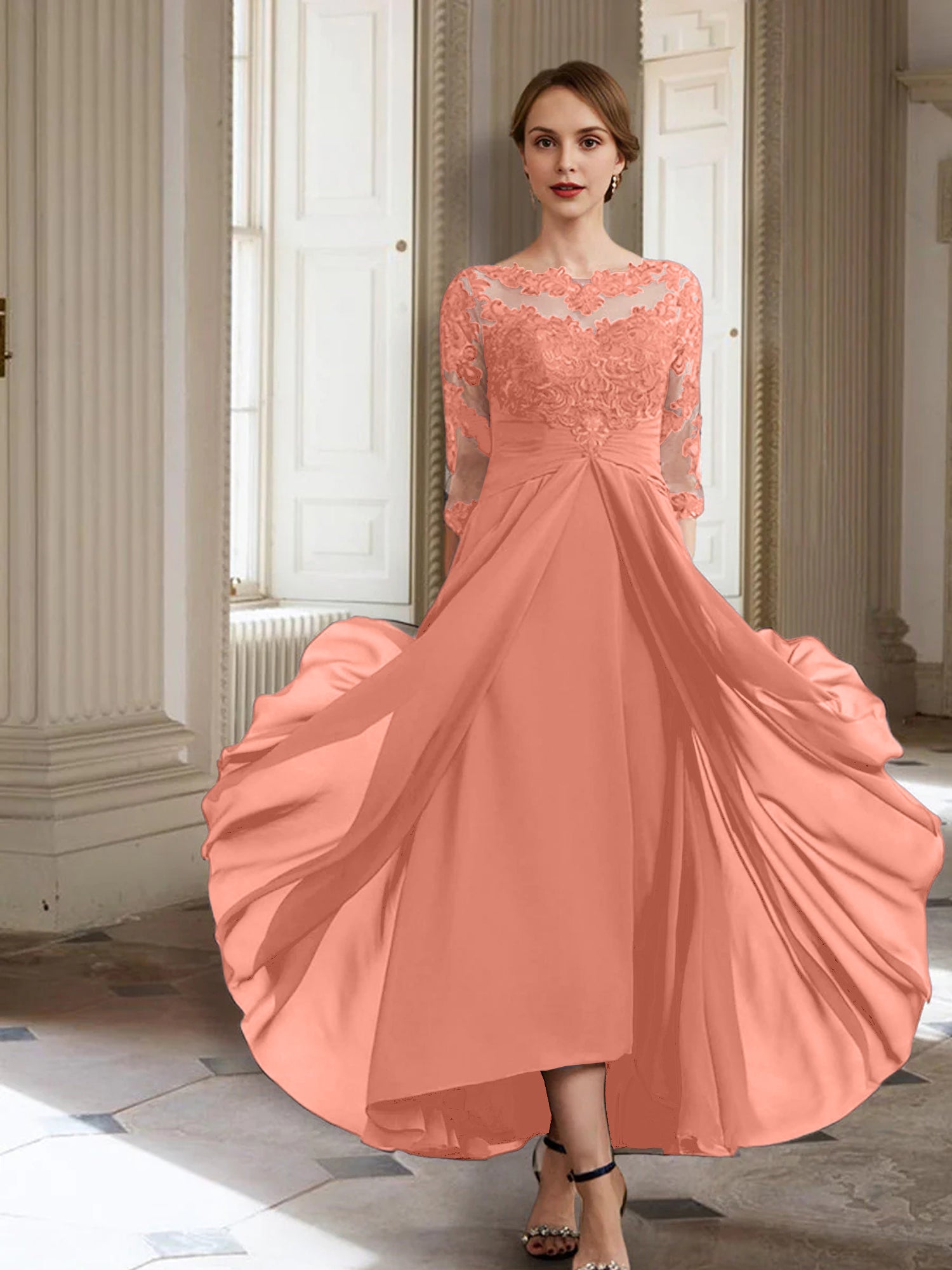 Vestidos de corte princesa/línea A para la madre de la novia, manga larga y apliques. 