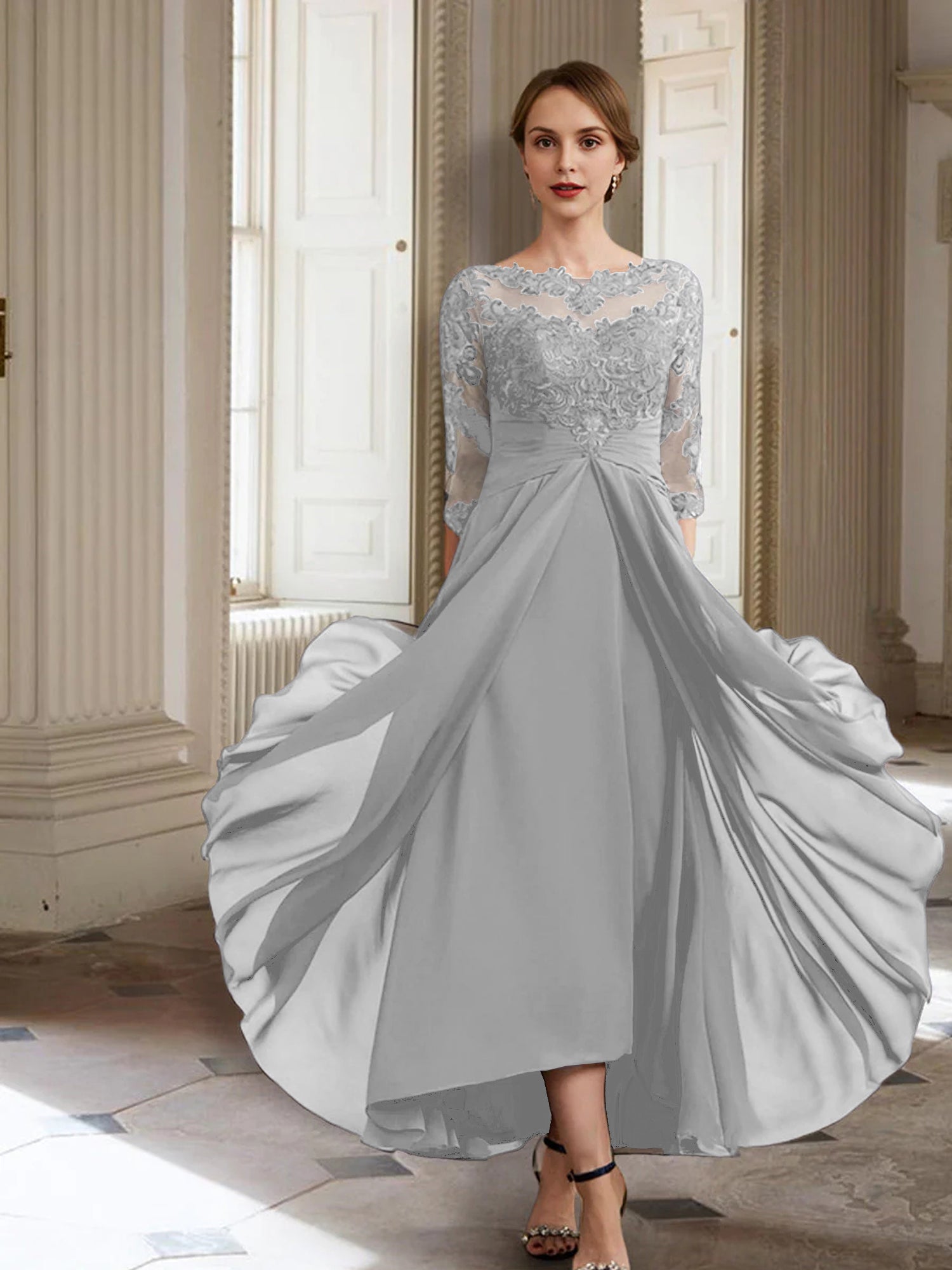 Vestidos de corte princesa/línea A para la madre de la novia, manga larga y apliques. 