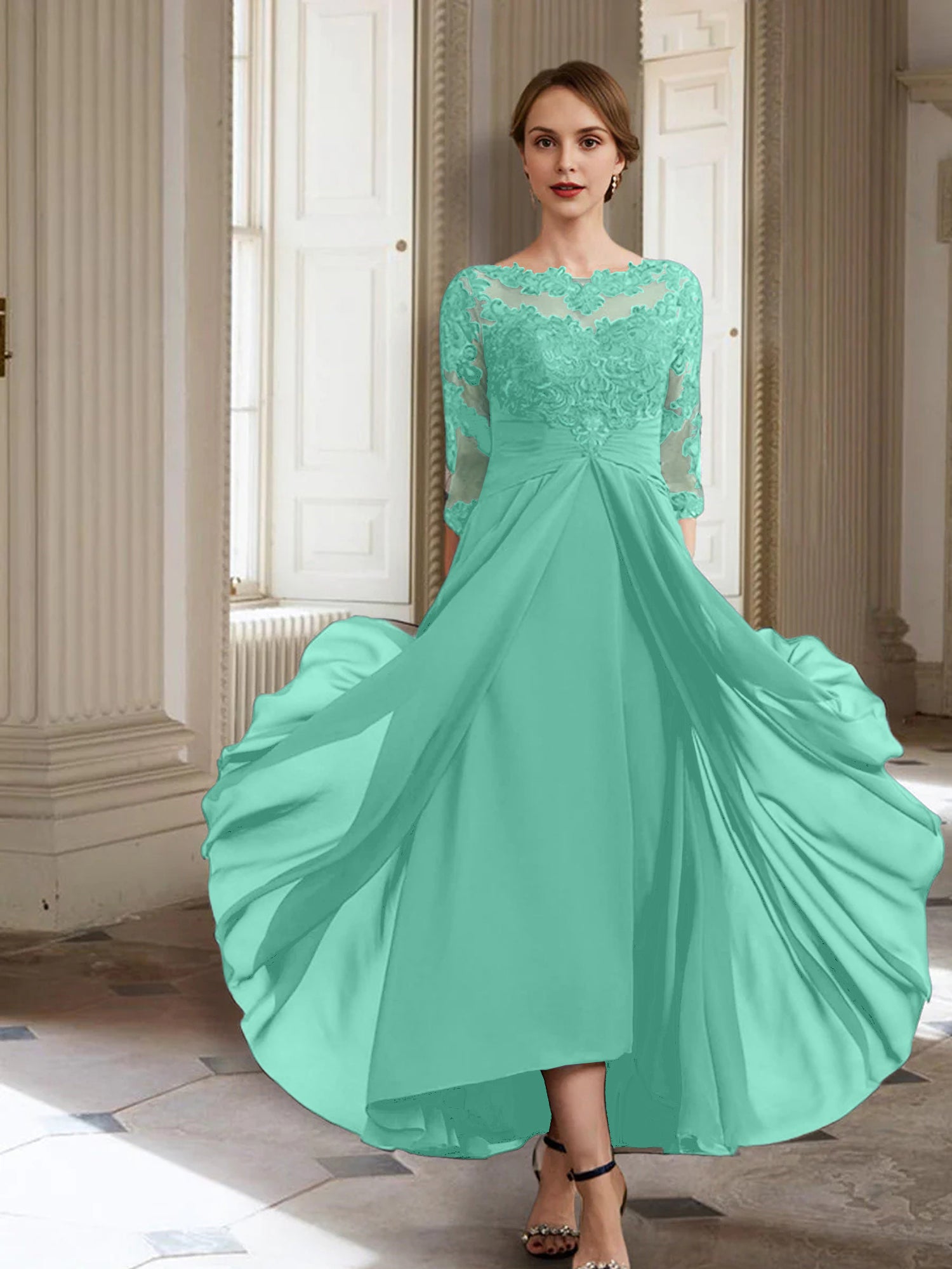Vestidos de corte princesa/línea A para la madre de la novia, manga larga y apliques. 