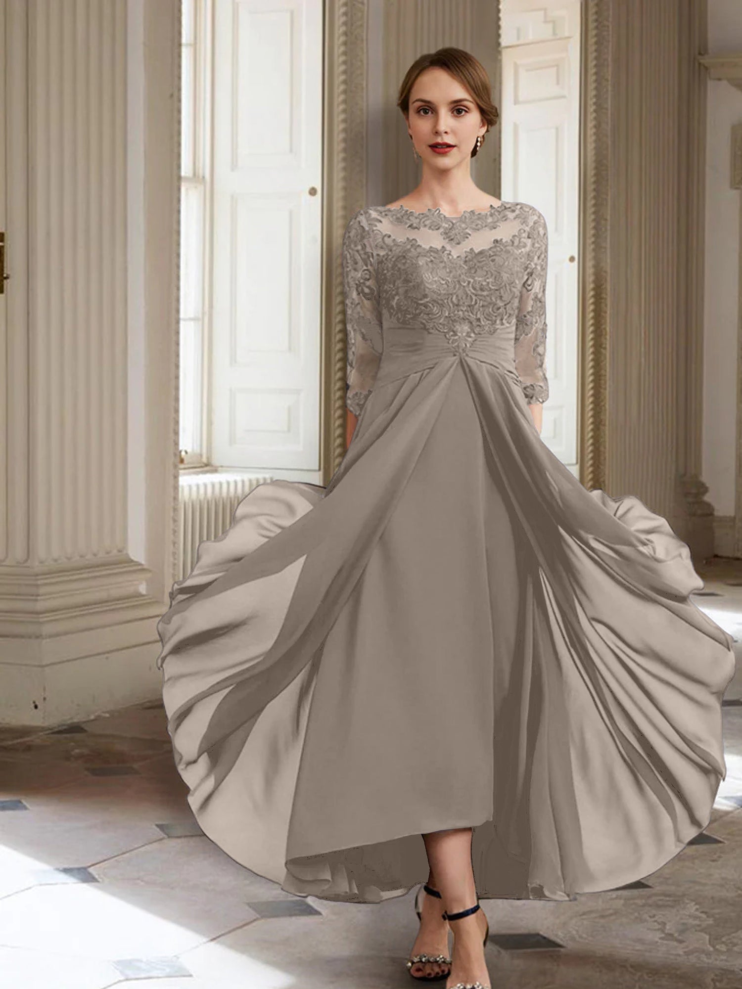 Vestidos de corte princesa/línea A para la madre de la novia, manga larga y apliques. 