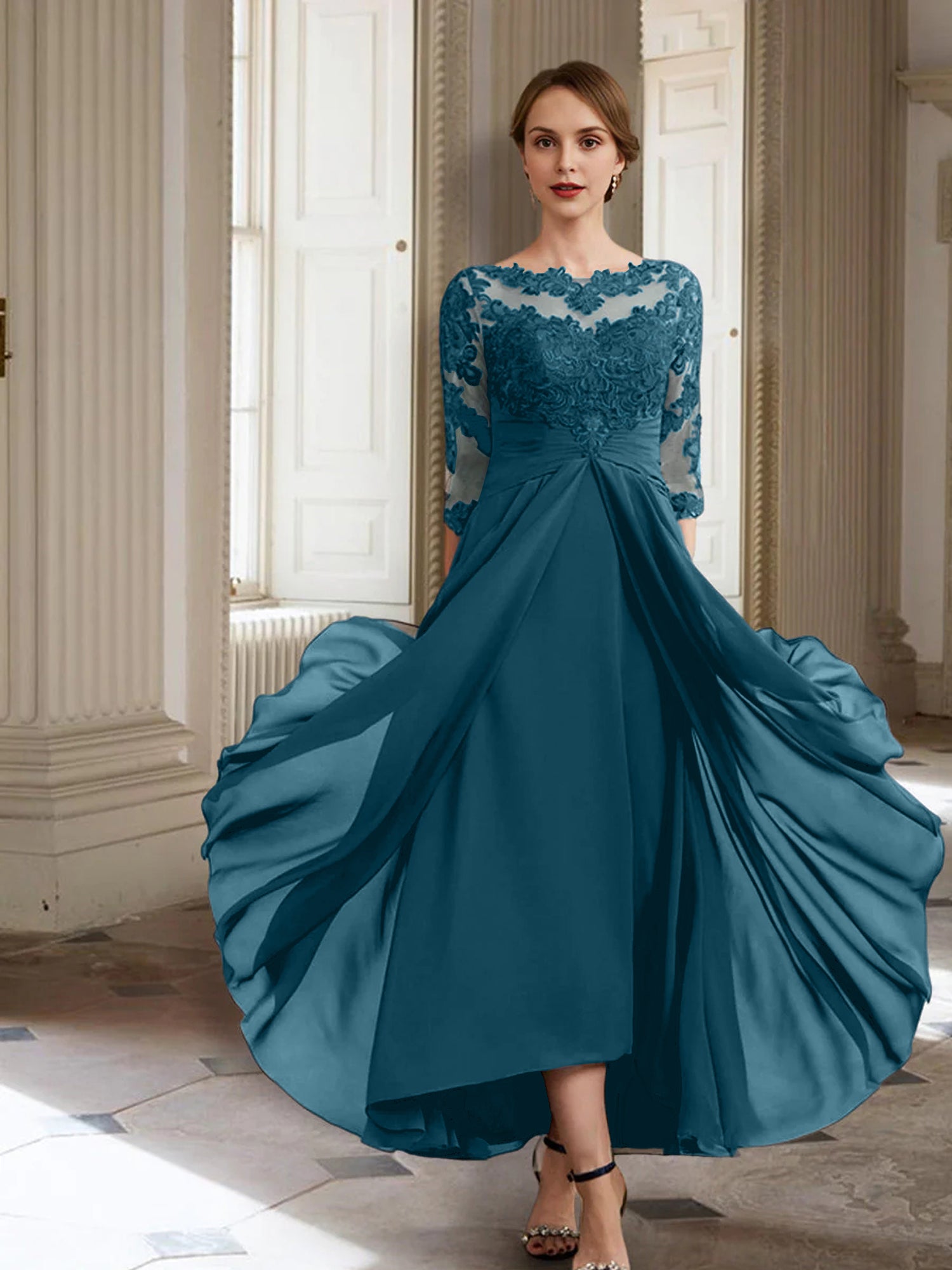 Vestidos de corte princesa/línea A para la madre de la novia, manga larga y apliques. 