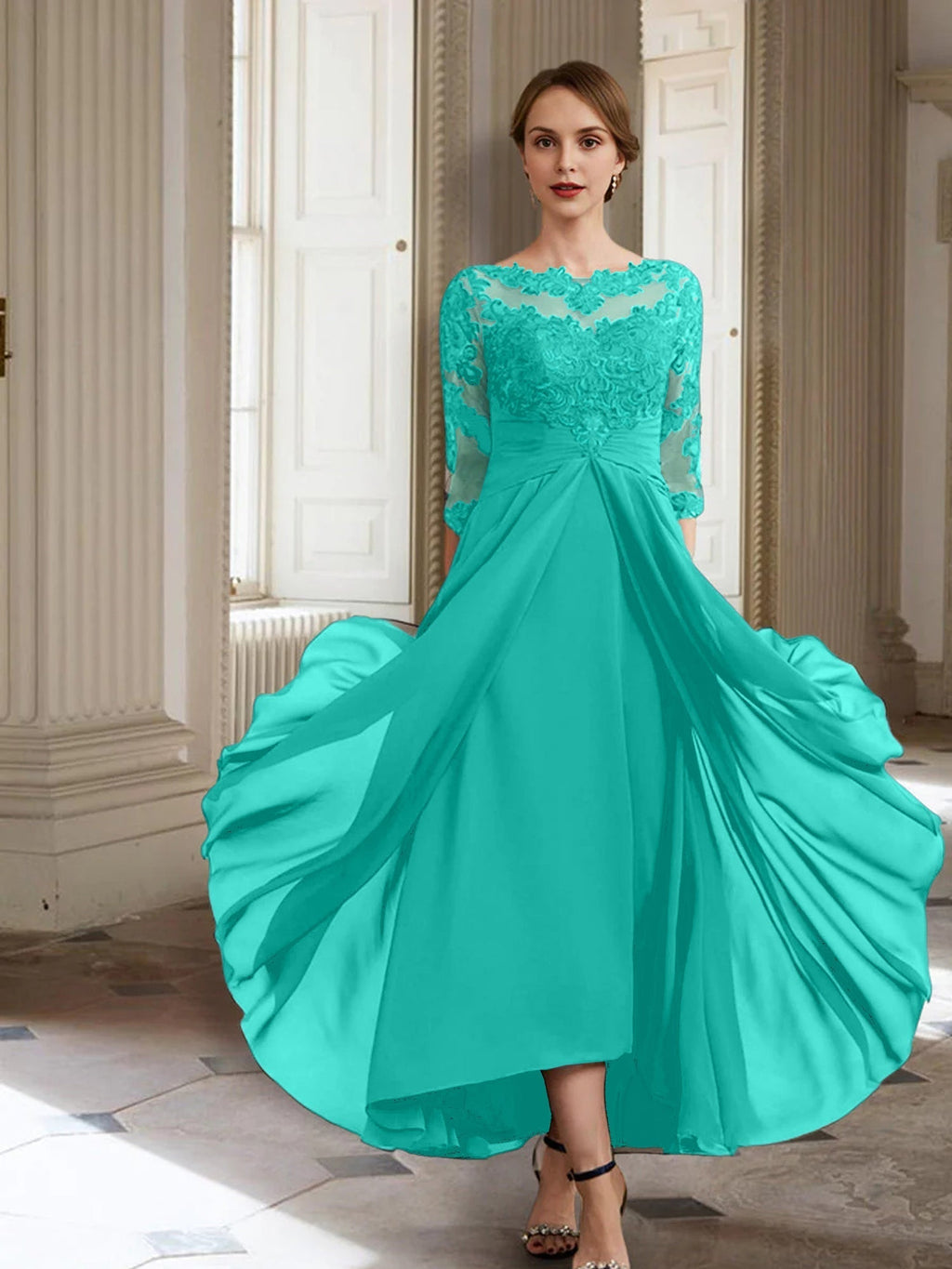 Vestidos de corte princesa/línea A para la madre de la novia, manga larga y apliques. 