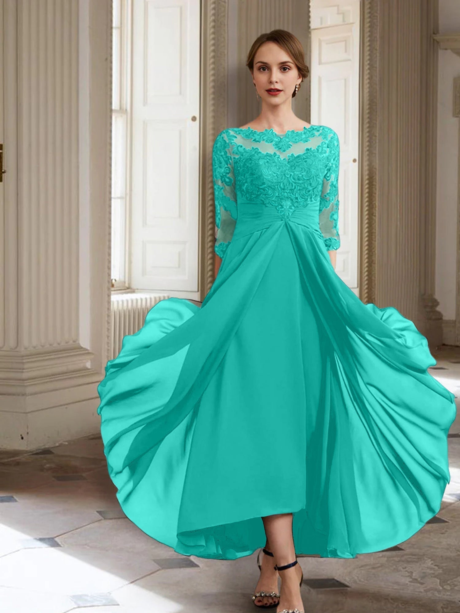 Vestidos de corte princesa/línea A para la madre de la novia, manga larga y apliques. 