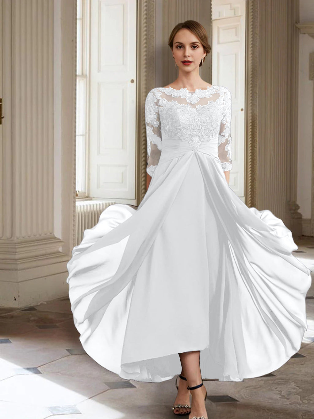 Vestidos de corte princesa/línea A para la madre de la novia, manga larga y apliques. 