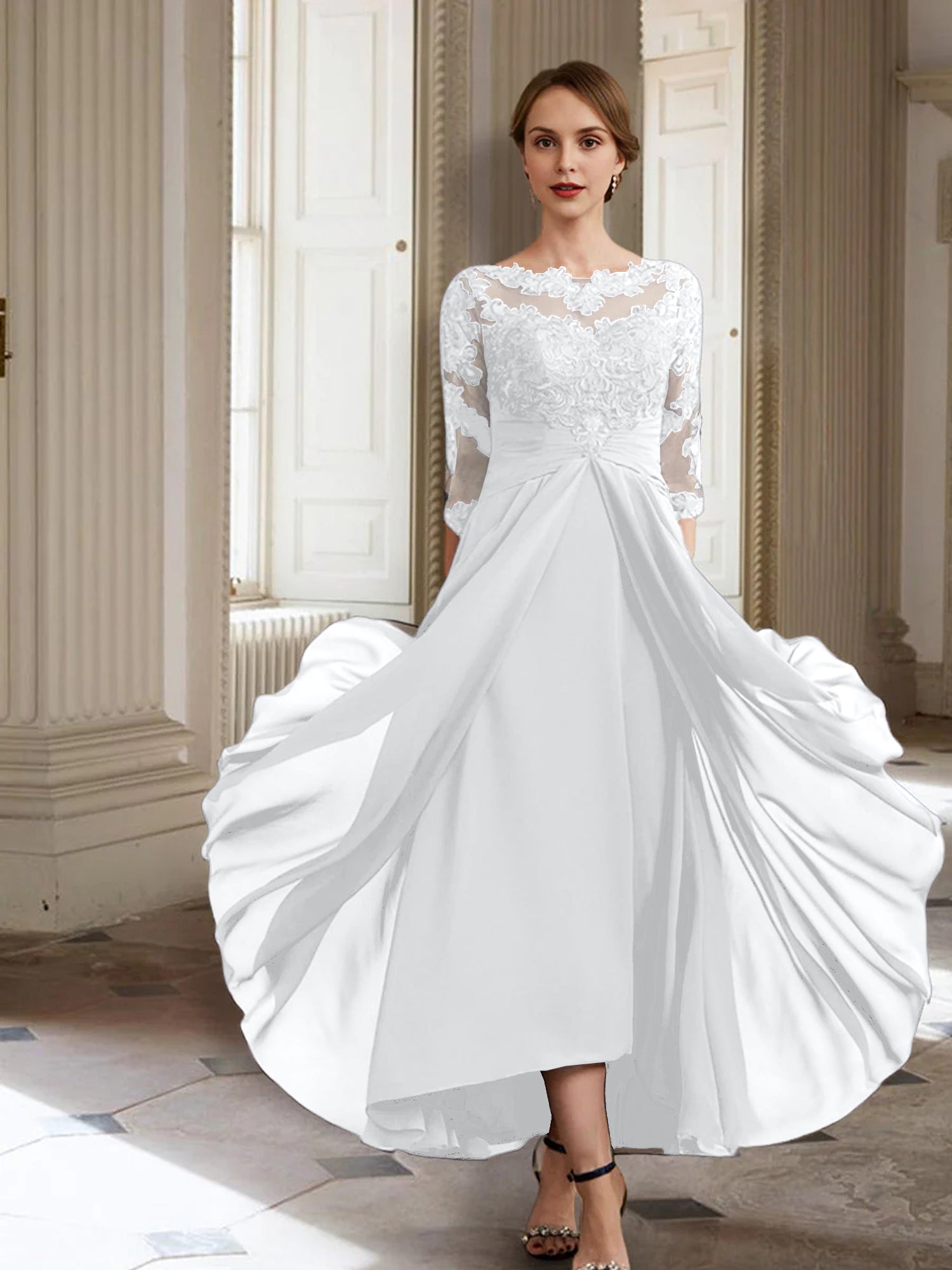 Vestidos de corte princesa/línea A para la madre de la novia, manga larga y apliques. 