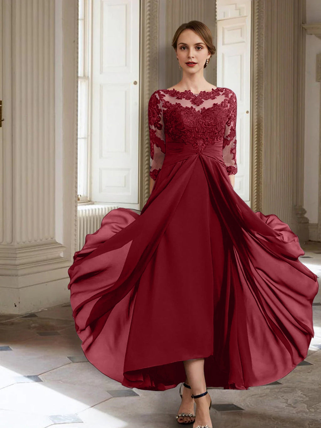 Vestidos de corte princesa/línea A para la madre de la novia, manga larga y apliques. 