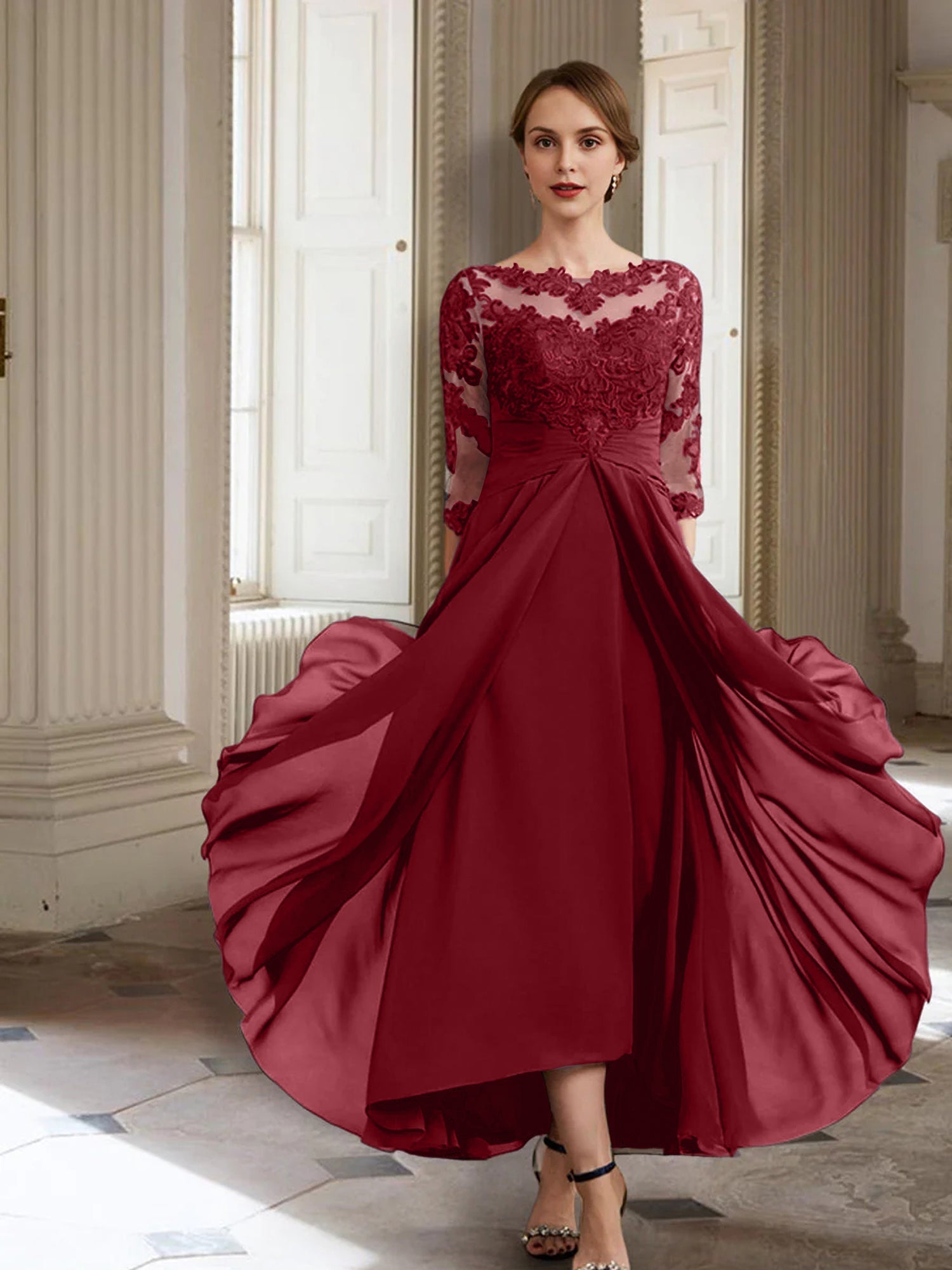 Vestidos de corte princesa/línea A para la madre de la novia, manga larga y apliques. 