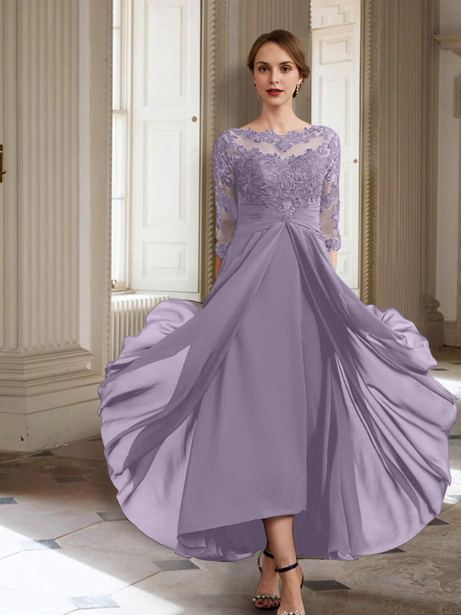 Vestidos de corte princesa/línea A para la madre de la novia, manga larga y apliques. 