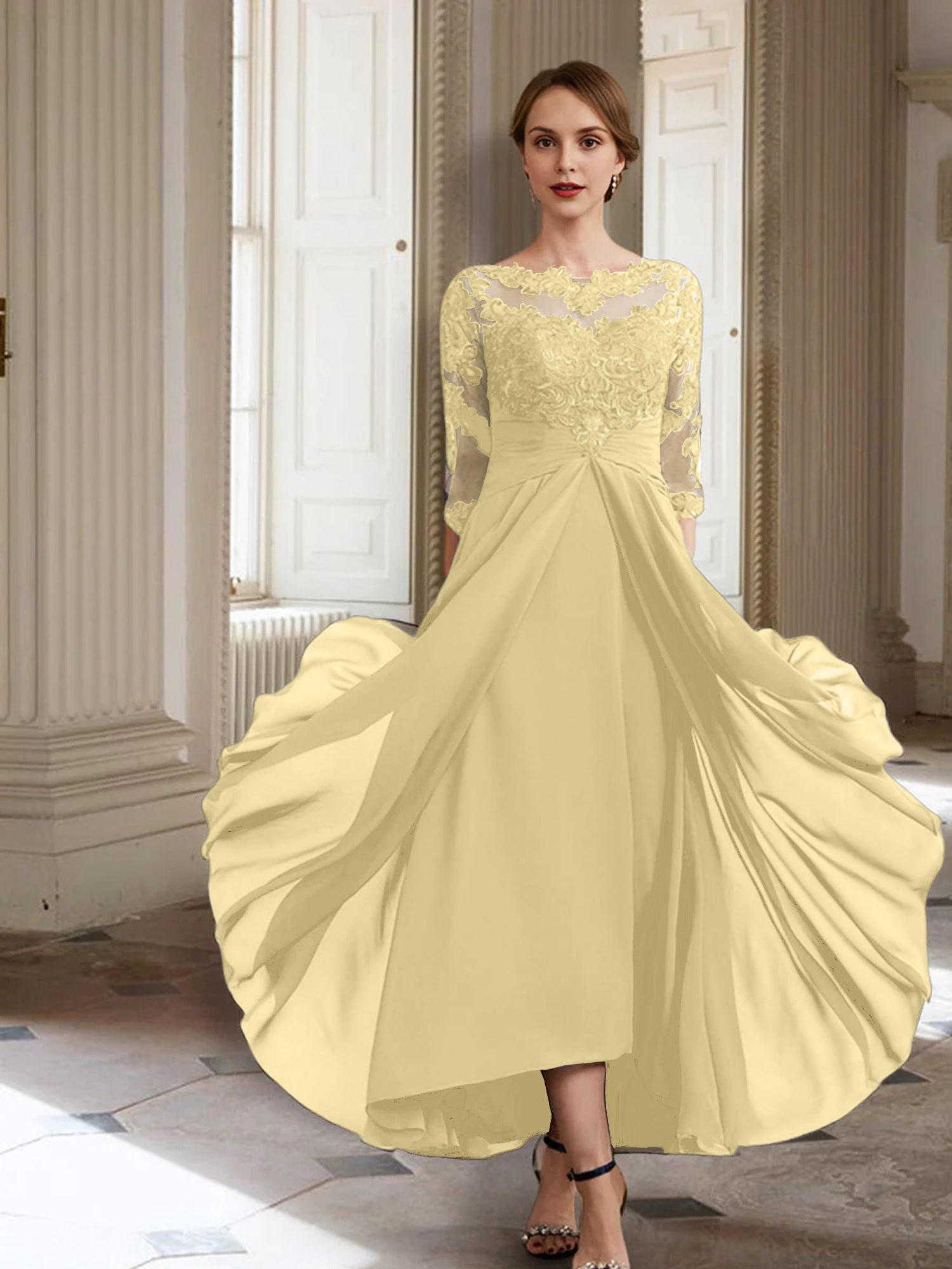 Vestidos de corte princesa/línea A para la madre de la novia, manga larga y apliques. 