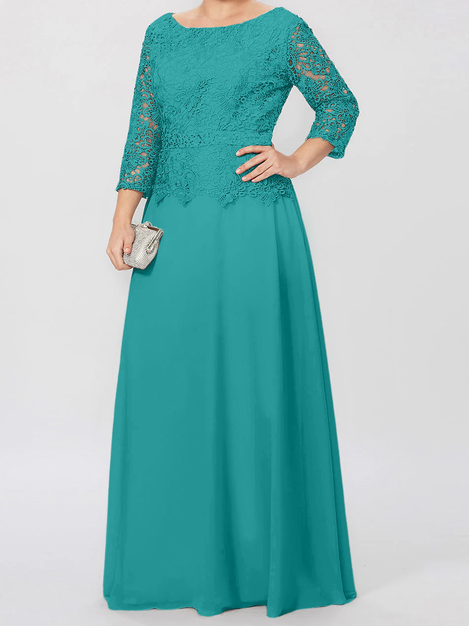 Robe de mère de la mariée longue jusqu'au sol, coupe trapèze/princesse, col rond, manches 3/4, ornée d'appliqués et de sequins 
