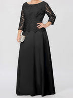 Robe de mère de la mariée longue jusqu'au sol, coupe trapèze/princesse, col rond, manches 3/4, ornée d'appliqués et de sequins 