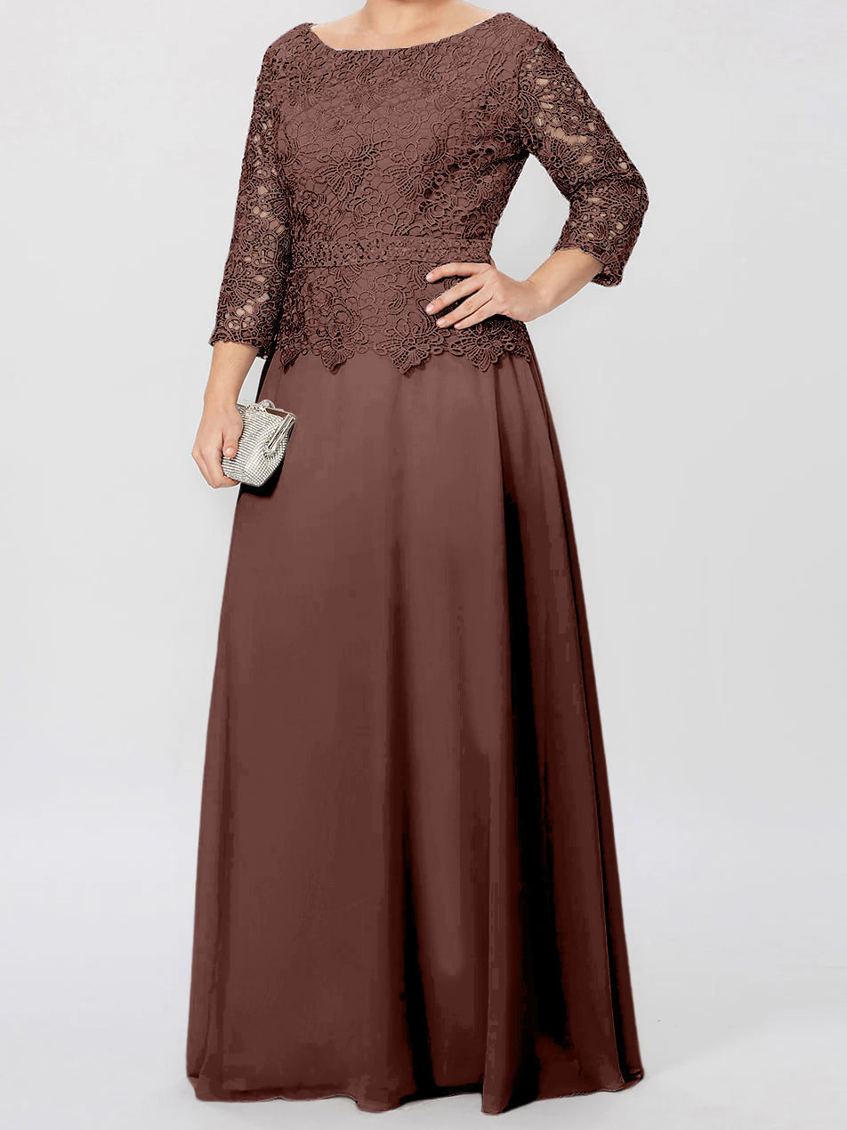 Vestidos de corte princesa/línea A, cuello redondo, mangas 3/4, largo hasta el suelo, para la madre de la novia, con apliques y lentejuelas. 