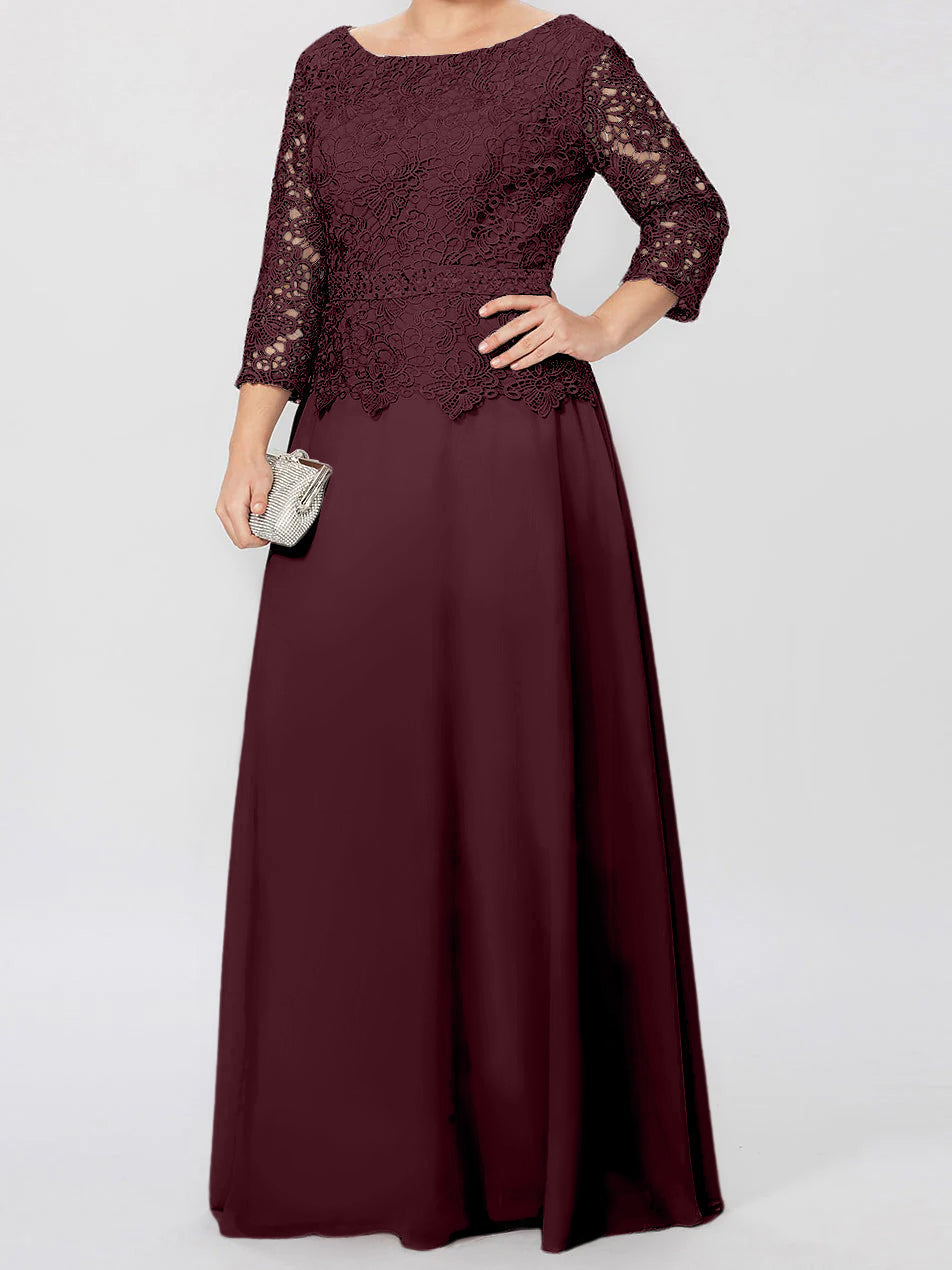 Robe de mère de la mariée longue jusqu'au sol, coupe trapèze/princesse, col rond, manches 3/4, ornée d'appliqués et de sequins 