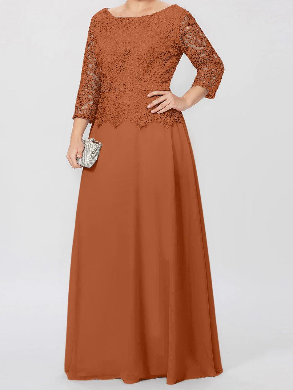 Robe de mère de la mariée longue jusqu'au sol, coupe trapèze/princesse, col rond, manches 3/4, ornée d'appliqués et de sequins 