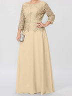 Robe de mère de la mariée longue jusqu'au sol, coupe trapèze/princesse, col rond, manches 3/4, ornée d'appliqués et de sequins 