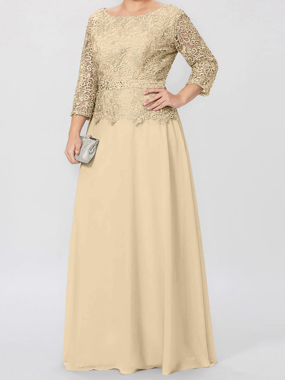 Vestidos de corte princesa/línea A, cuello redondo, mangas 3/4, largo hasta el suelo, para la madre de la novia, con apliques y lentejuelas. 