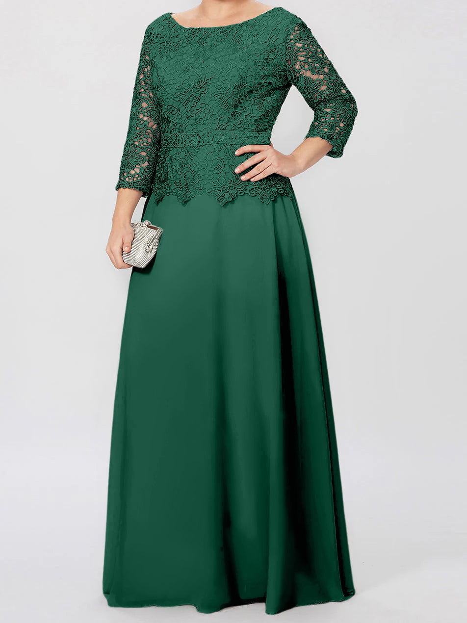 Robe de mère de la mariée longue jusqu'au sol, coupe trapèze/princesse, col rond, manches 3/4, ornée d'appliqués et de sequins 