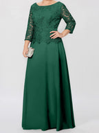 Robe de mère de la mariée longue jusqu'au sol, coupe trapèze/princesse, col rond, manches 3/4, ornée d'appliqués et de sequins 