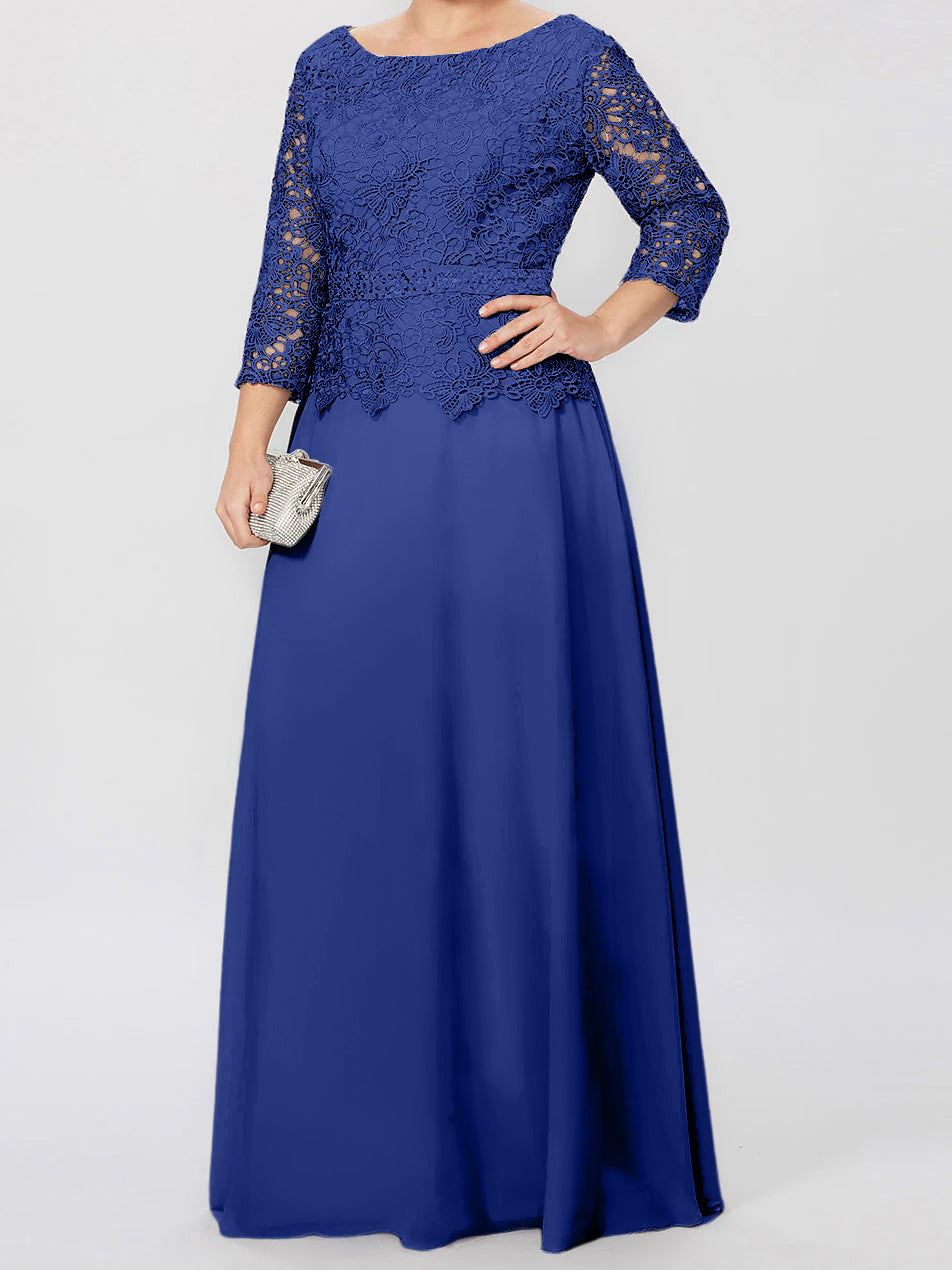 Robe de mère de la mariée longue jusqu'au sol, coupe trapèze/princesse, col rond, manches 3/4, ornée d'appliqués et de sequins 
