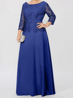 Robe de mère de la mariée longue jusqu'au sol, coupe trapèze/princesse, col rond, manches 3/4, ornée d'appliqués et de sequins 