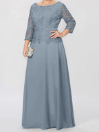 Robe de mère de la mariée longue jusqu'au sol, coupe trapèze/princesse, col rond, manches 3/4, ornée d'appliqués et de sequins 