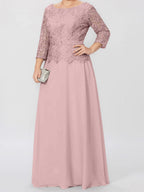 Robe de mère de la mariée longue jusqu'au sol, coupe trapèze/princesse, col rond, manches 3/4, ornée d'appliqués et de sequins 