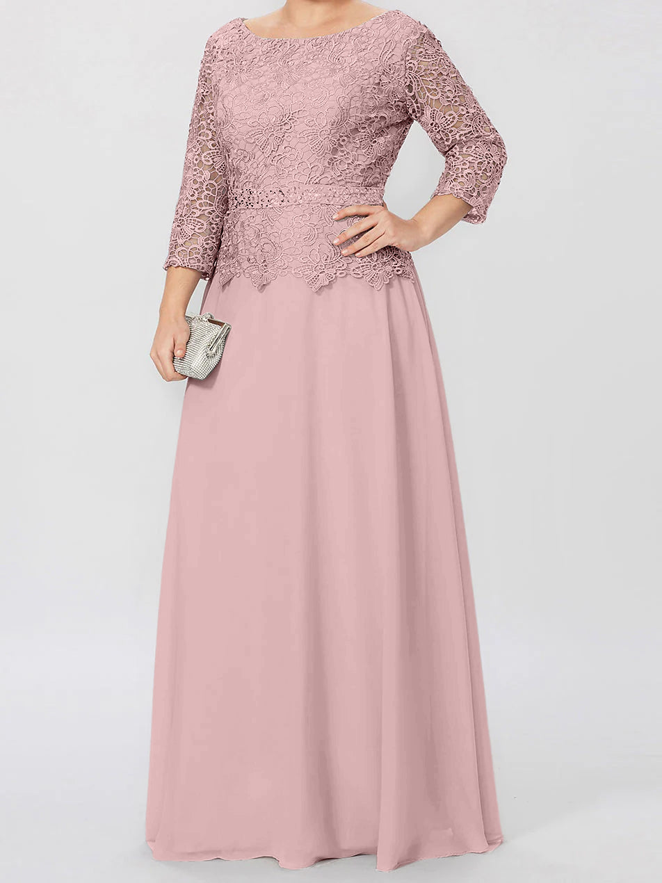Vestidos de corte princesa/línea A, cuello redondo, mangas 3/4, largo hasta el suelo, para la madre de la novia, con apliques y lentejuelas. 