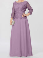 Robe de mère de la mariée longue jusqu'au sol, coupe trapèze/princesse, col rond, manches 3/4, ornée d'appliqués et de sequins 