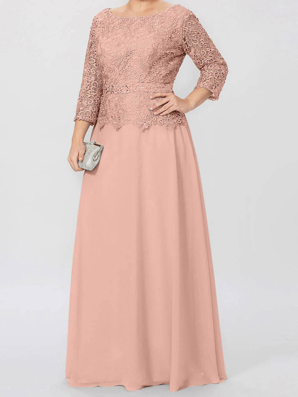Vestidos de corte princesa/línea A, cuello redondo, mangas 3/4, largo hasta el suelo, para la madre de la novia, con apliques y lentejuelas. 