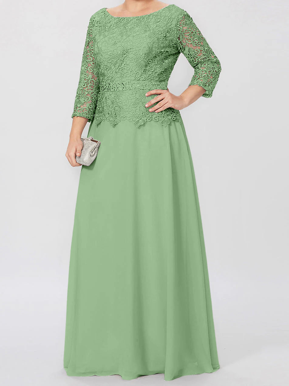 Robe de mère de la mariée longue jusqu'au sol, coupe trapèze/princesse, col rond, manches 3/4, ornée d'appliqués et de sequins 