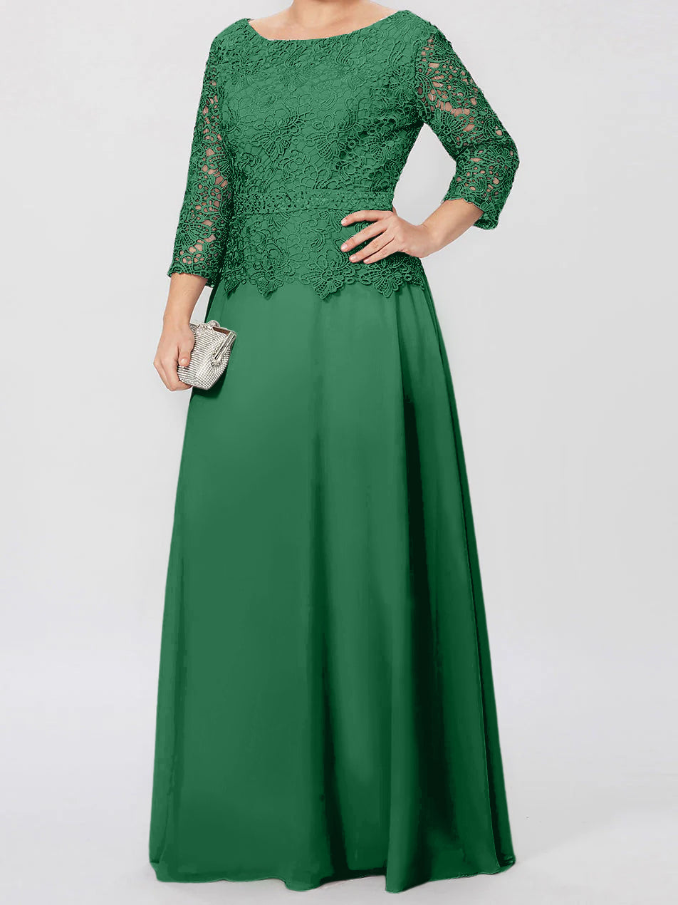 Robe de mère de la mariée longue jusqu'au sol, coupe trapèze/princesse, col rond, manches 3/4, ornée d'appliqués et de sequins 