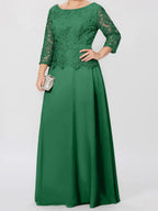 Robe de mère de la mariée longue jusqu'au sol, coupe trapèze/princesse, col rond, manches 3/4, ornée d'appliqués et de sequins 