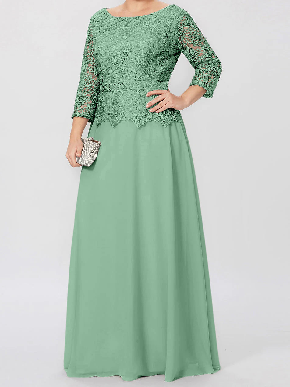 Robe de mère de la mariée longue jusqu'au sol, coupe trapèze/princesse, col rond, manches 3/4, ornée d'appliqués et de sequins 