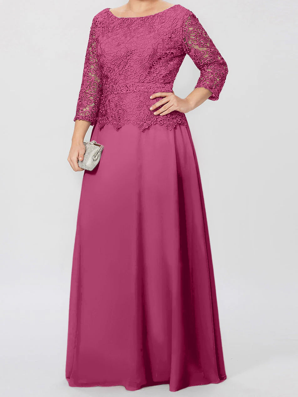 Robe de mère de la mariée longue jusqu'au sol, coupe trapèze/princesse, col rond, manches 3/4, ornée d'appliqués et de sequins 