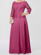 Robe de mère de la mariée longue jusqu'au sol, coupe trapèze/princesse, col rond, manches 3/4, ornée d'appliqués et de sequins 