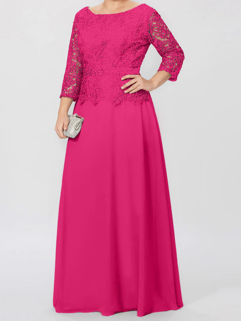 Robe de mère de la mariée longue jusqu'au sol, coupe trapèze/princesse, col rond, manches 3/4, ornée d'appliqués et de sequins 