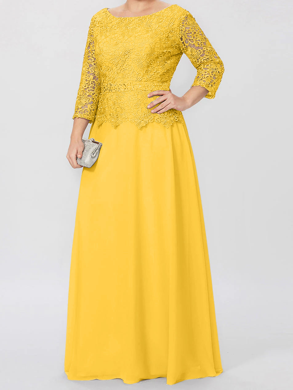 Robe de mère de la mariée longue jusqu'au sol, coupe trapèze/princesse, col rond, manches 3/4, ornée d'appliqués et de sequins 