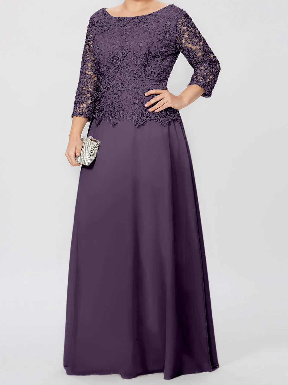 Robe de mère de la mariée longue jusqu'au sol, coupe trapèze/princesse, col rond, manches 3/4, ornée d'appliqués et de sequins 