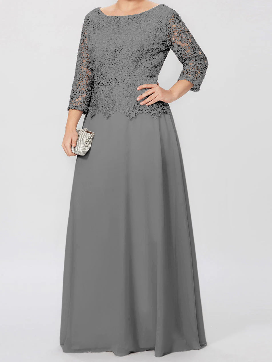 Robe de mère de la mariée longue jusqu'au sol, coupe trapèze/princesse, col rond, manches 3/4, ornée d'appliqués et de sequins 