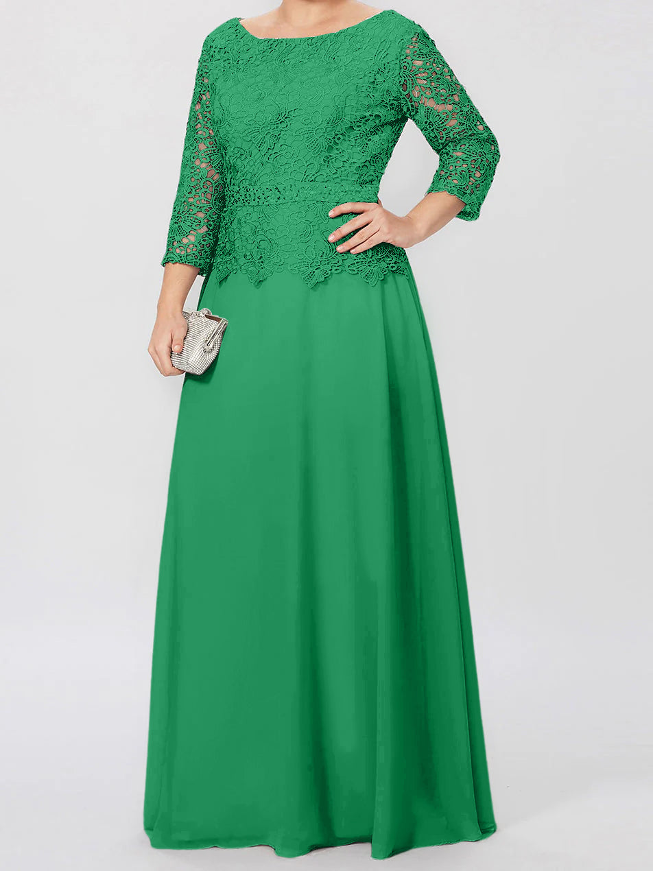 Robe de mère de la mariée longue jusqu'au sol, coupe trapèze/princesse, col rond, manches 3/4, ornée d'appliqués et de sequins 