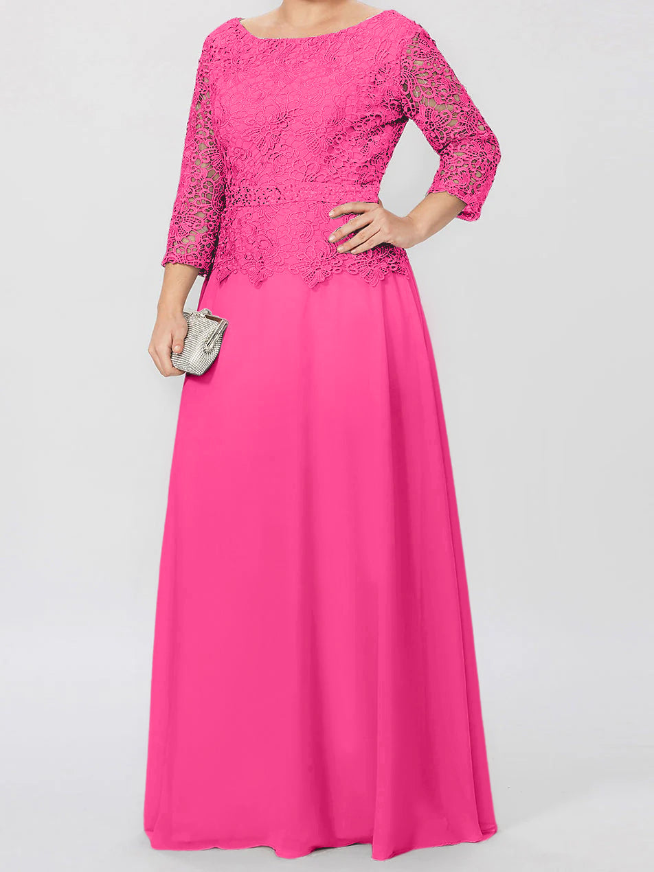 Vestidos de corte princesa/línea A, cuello redondo, mangas 3/4, largo hasta el suelo, para la madre de la novia, con apliques y lentejuelas. 