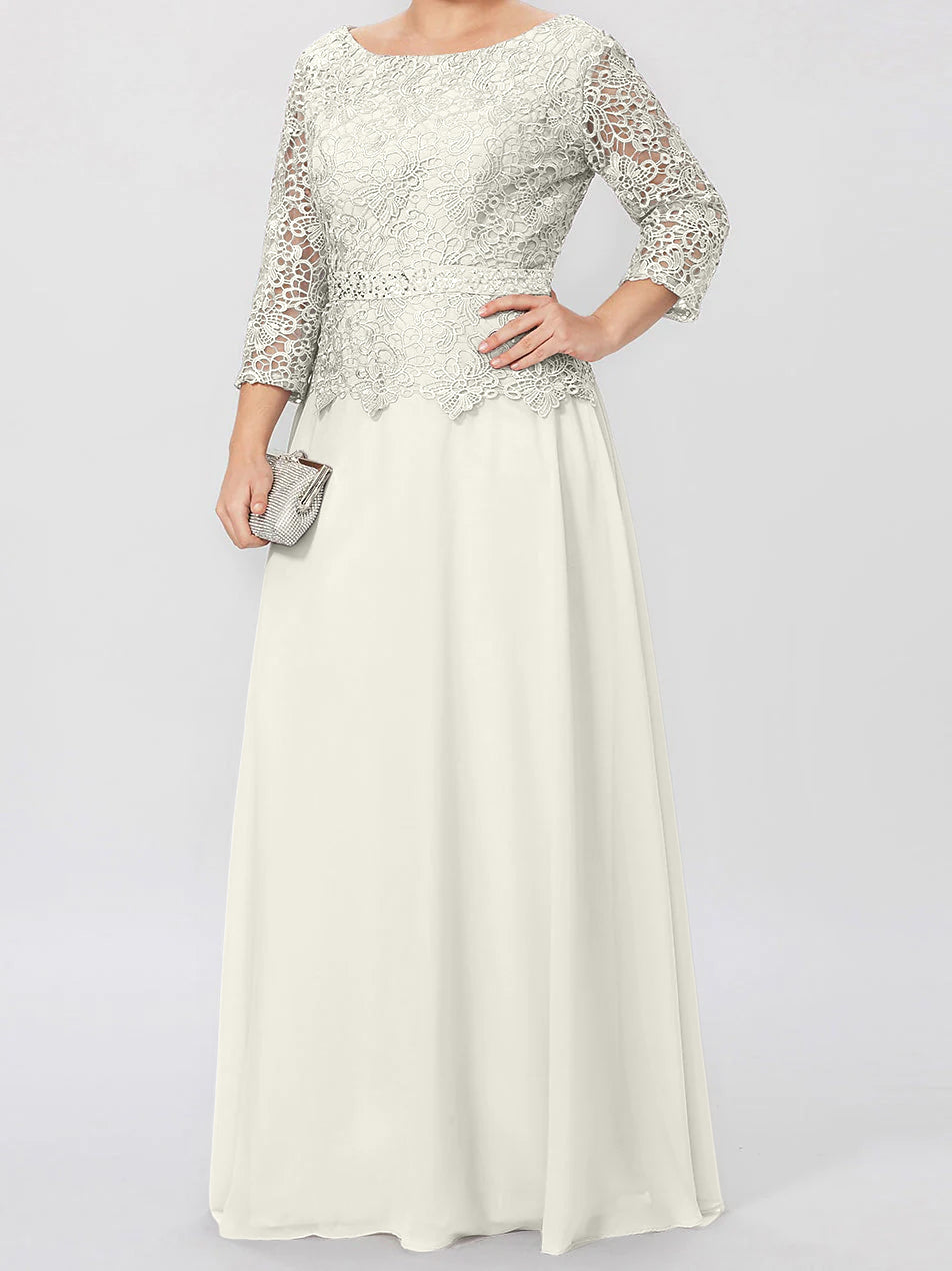 Robe de mère de la mariée longue jusqu'au sol, coupe trapèze/princesse, col rond, manches 3/4, ornée d'appliqués et de sequins 