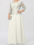 Robe de mère de la mariée longue jusqu'au sol, coupe trapèze/princesse, col rond, manches 3/4, ornée d'appliqués et de sequins 