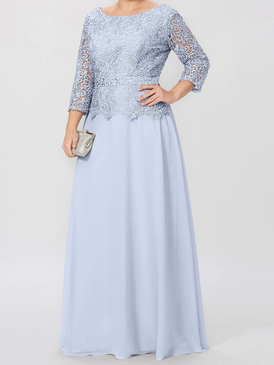 Robe de mère de la mariée longue jusqu'au sol, coupe trapèze/princesse, col rond, manches 3/4, ornée d'appliqués et de sequins 