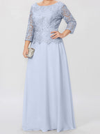 Robe de mère de la mariée longue jusqu'au sol, coupe trapèze/princesse, col rond, manches 3/4, ornée d'appliqués et de sequins 
