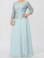 Robe de mère de la mariée longue jusqu'au sol, coupe trapèze/princesse, col rond, manches 3/4, ornée d'appliqués et de sequins 