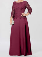Robe de mère de la mariée longue jusqu'au sol, coupe trapèze/princesse, col rond, manches 3/4, ornée d'appliqués et de sequins 