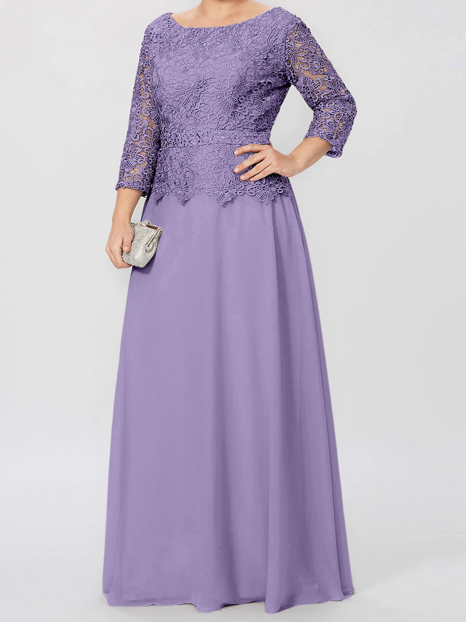 Vestidos de corte princesa/línea A, cuello redondo, mangas 3/4, largo hasta el suelo, para la madre de la novia, con apliques y lentejuelas. 