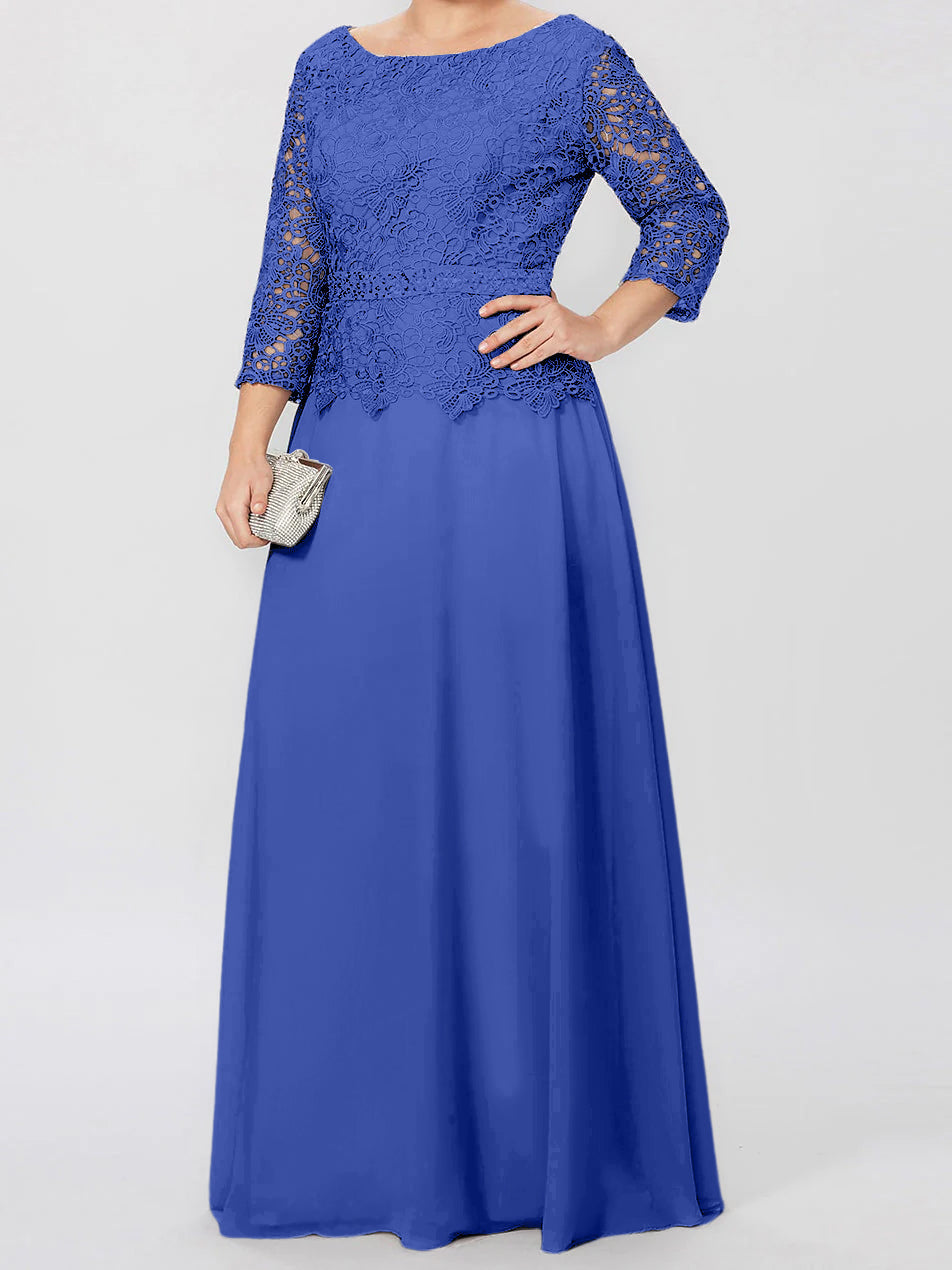 Robe de mère de la mariée longue jusqu'au sol, coupe trapèze/princesse, col rond, manches 3/4, ornée d'appliqués et de sequins 