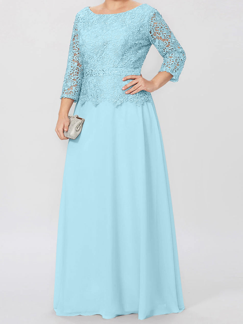 Robe de mère de la mariée longue jusqu'au sol, coupe trapèze/princesse, col rond, manches 3/4, ornée d'appliqués et de sequins 